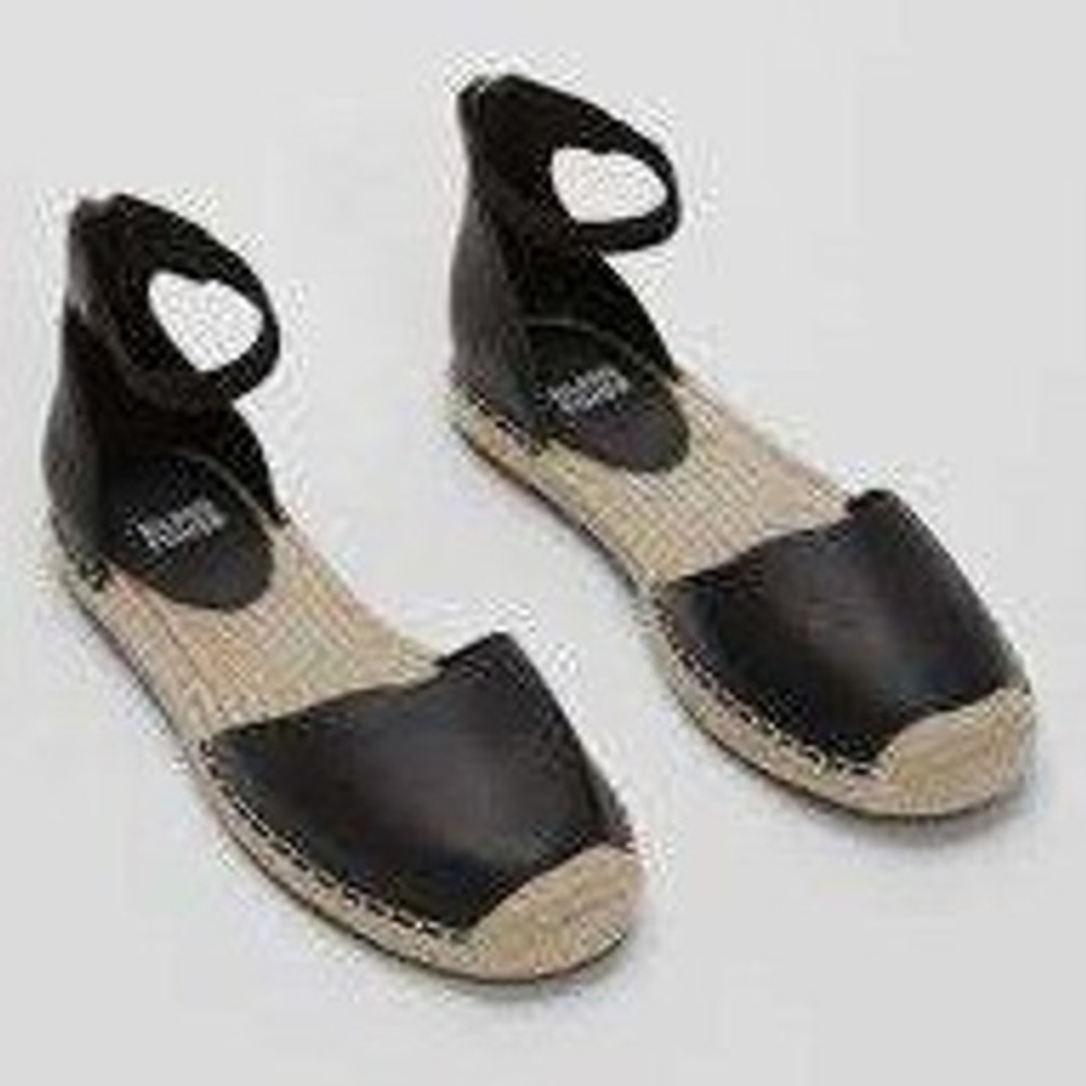 Eileen Fisher Lala Black Tumbled Leather Espadrille Ankle Strap Flat Sandals
